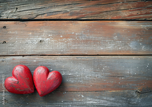 Valentine's Day Background with Two Red Hearts on Wooden Surface