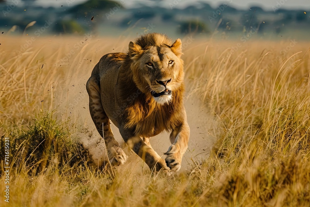 Fototapeta premium Lion Running in Savanna