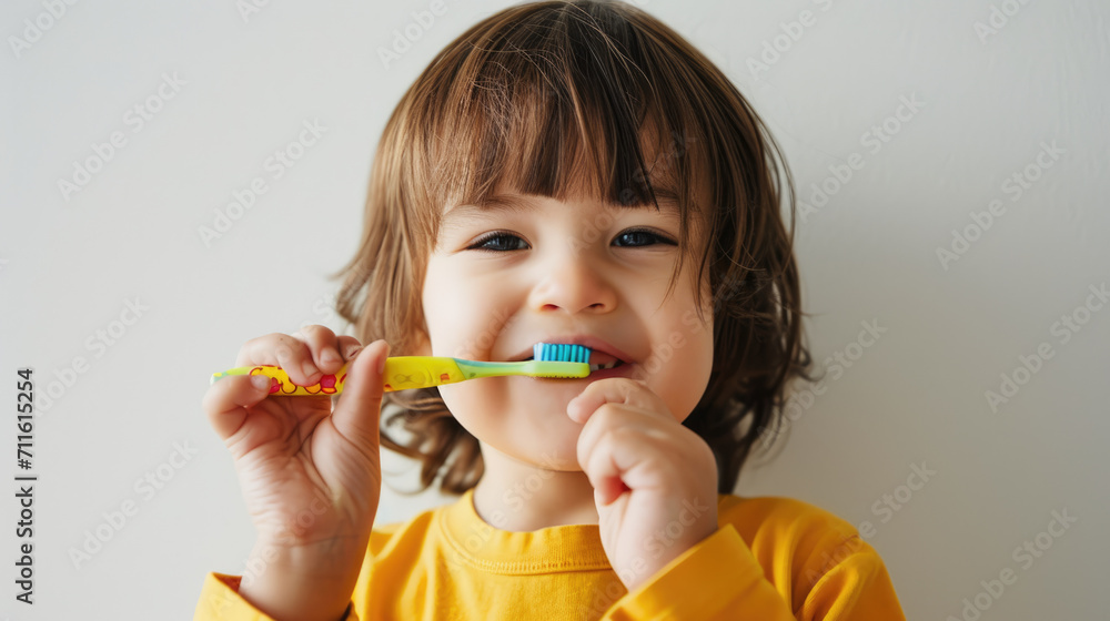 Cute little child with dark hair brushes her teeth. A little girl holds a toothbrush in her hands. Close-up. Cute little child with dark hair brushes her teeth. A little girl holds a toothbrush in her hands. Close-up.