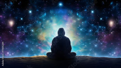 Silhouette of the spirit of a man meditating on the background of the galaxy space, new quality spiritual stock illustration image, wallpaper design, Generative AI
