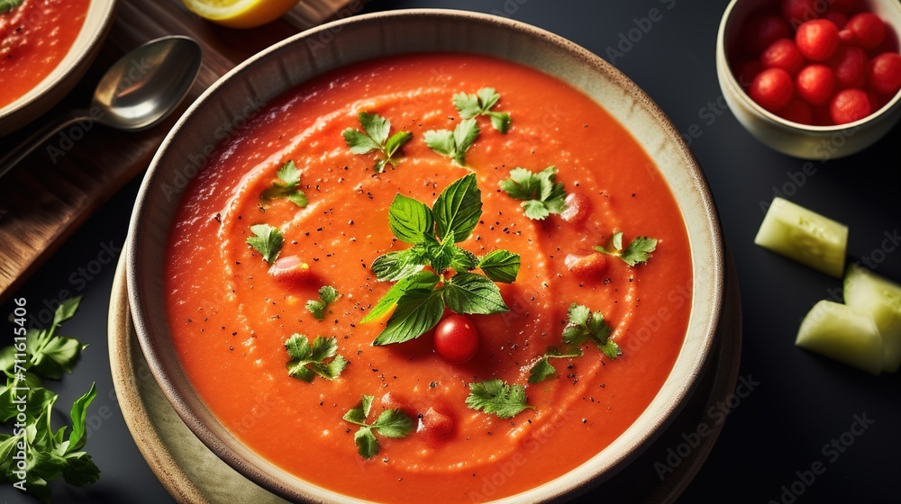 Light and refreshing gazpacho soup with bright red tomatoes, crisp cucumbers, and of olive oil. Light and refreshing gazpacho soup with bright red tomatoes, crisp cucumbers, and of olive oil.