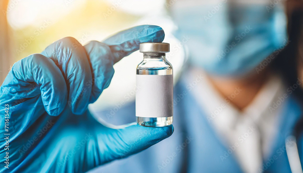 Hand in medical glove holds a vaccine vial, symbolizing hope and protection against infectious diseases Hand in medical glove holds a vaccine vial, symbolizing hope and protection against infectious diseases