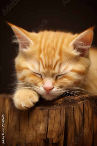 One close-up sleeping kitten on studio background. © Twomeows_AS