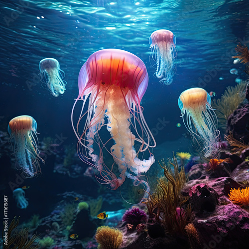 Colorful underwater jellyfish scene.