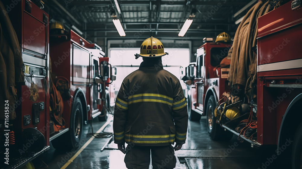 Brave fire fighter in fire department gear, seen from behind - obrazy, fototapety, plakaty 