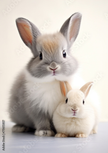 Cute fluffy bunnies on a white studio background.