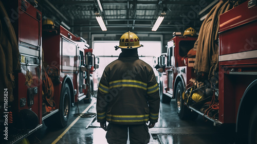 Brave fire fighter in fire department gear, seen from behind