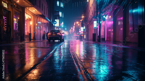 Background of wet asphalt with neon light. Night Street background, night lights, reflection.