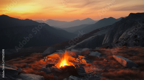 Warm Camp Fire on top of a mountain in background during a colorful Sunset