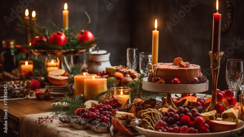 Holiday food table scene. Assorted appetizers and delicious sweets. Holiday party food concept