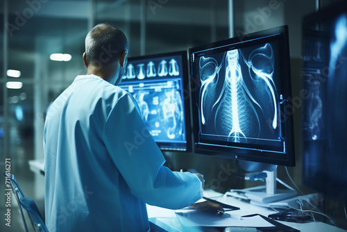 Orthopedic surgeon doctor examining patient joint x-ray bone scan in radiology orthopedic hospital Generative Ai photo