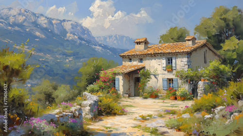 A classic painting depicting a traditional stone house in southern France, adorned with colorful flowers and set against the majestic backdrop of the French Alps.