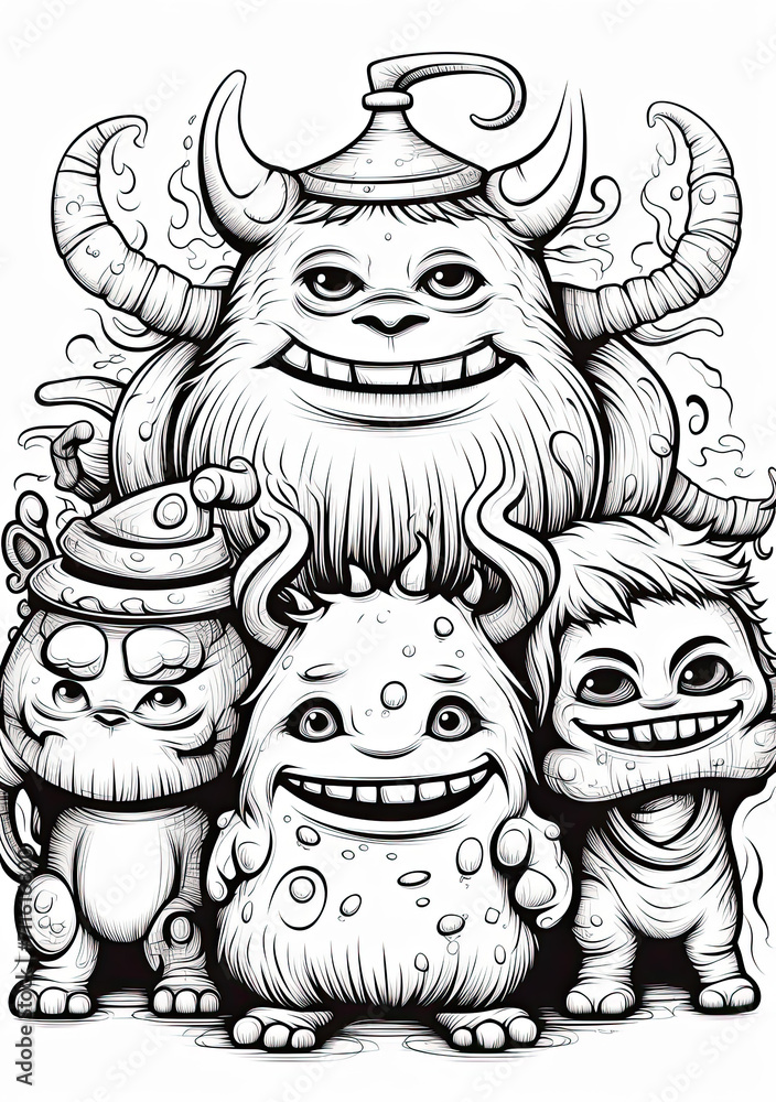 Naklejka premium Happy fun monsters black and white coloring page.