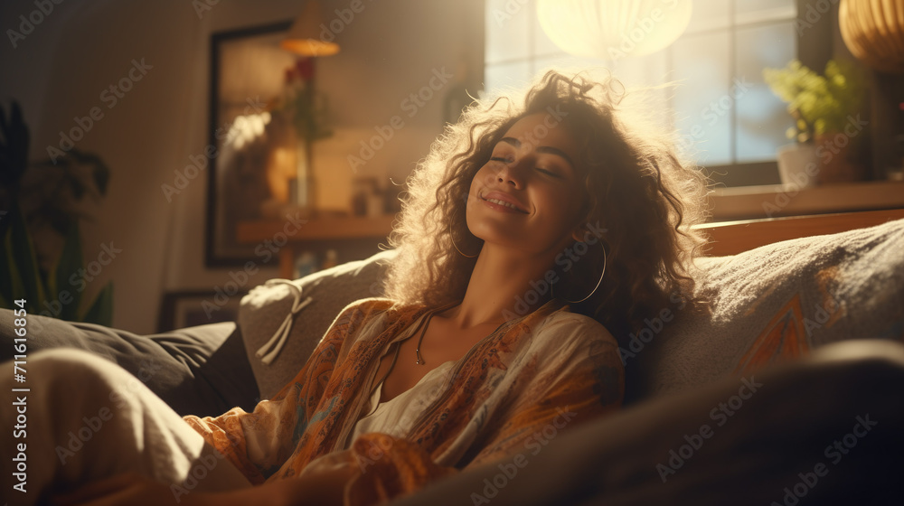 Woman sitting, resting and relaxing on the couch. Female model with long hair in living room | Generative AI Woman sitting, resting and relaxing on the couch. Female model with long hair in living room | Generative AI