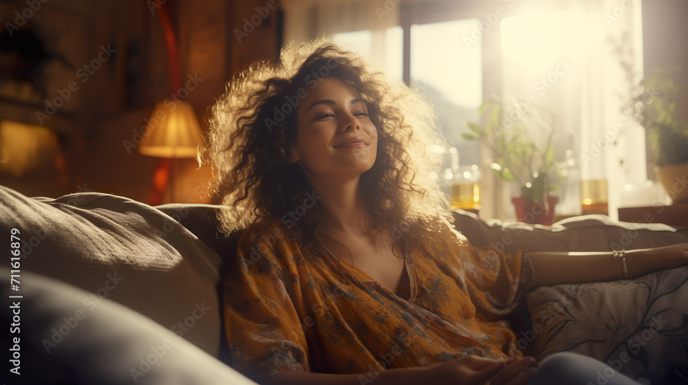 Woman sitting, resting and relaxing on the couch. Female model with long hair in living room | Generative AI Woman sitting, resting and relaxing on the couch. Female model with long hair in living room | Generative AI