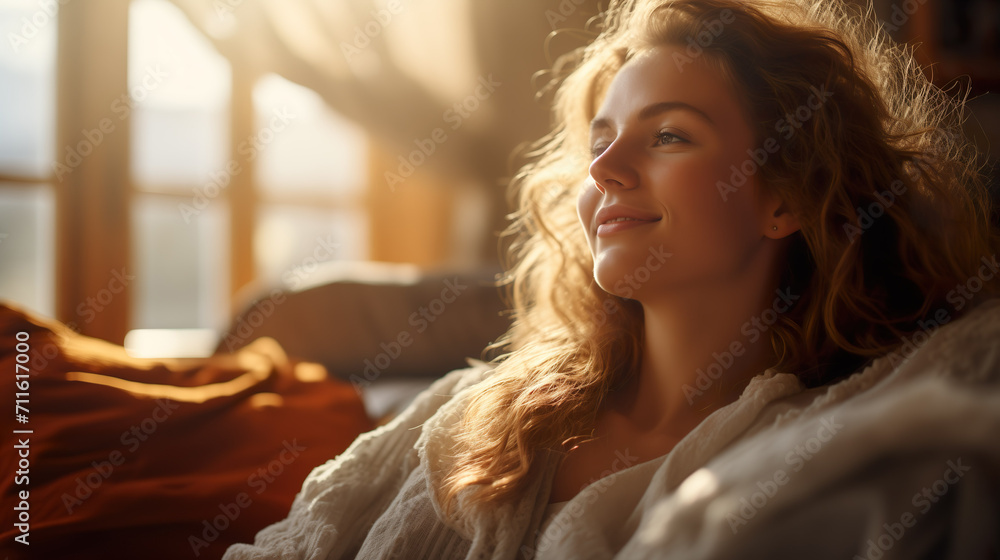 Woman sitting, resting and relaxing on the couch. Female model with long hair in living room | Generative AI Woman sitting, resting and relaxing on the couch. Female model with long hair in living room | Generative AI