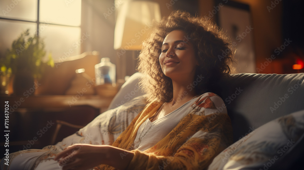 Woman sitting, resting and relaxing on the couch. Female model with long hair in living room | Generative AI Woman sitting, resting and relaxing on the couch. Female model with long hair in living room | Generative AI