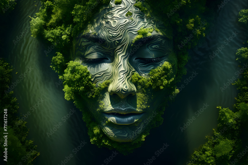 Obraz premium A woman in the middle of the green forest represents Mother Nature to indicate love of nature, preserving the environment, 