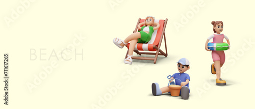 Vector concept of rest on sandy beach. Woman is sunbathing in folding chair, boy is playing in sand, girl is walking around with inflatable circle. 3D characters having fun