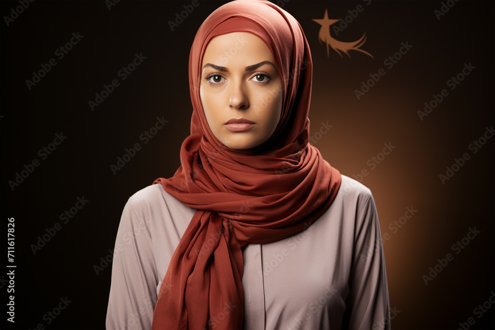 Portrait of a musulman woman wearing hijab, isolated, with brown background and copy space. International women's day.