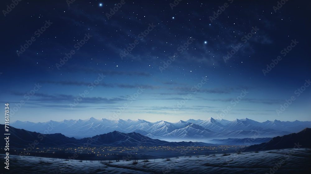 Starry Serenity Over a Moonless Sky with Winter Mountain Horizon Realistic Landscape in Soft Tonal Colors of Silver and Dark Blue Wallpaper Background