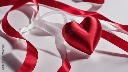 red ribbon on a white background A red silk heart with a white ribbon bow on a white background. The heart is soft and fluffy,   photo