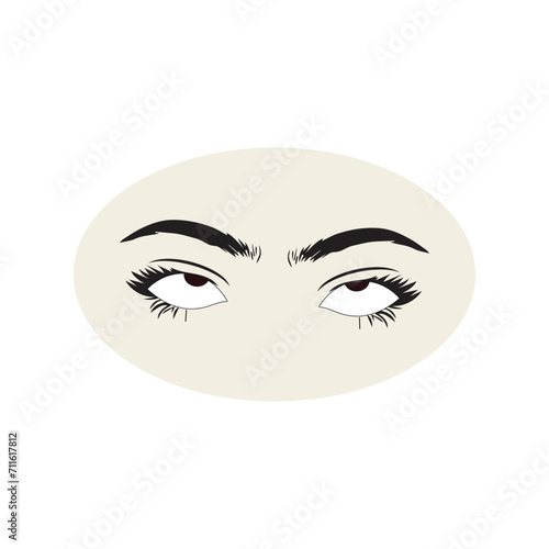 Female eyes icon with eye brows. Illustration of woman's sexy luxurious eye with perfectly shaped eyebrows and full lashes. Hand-drawn Idea for business visit card, typography vector.
