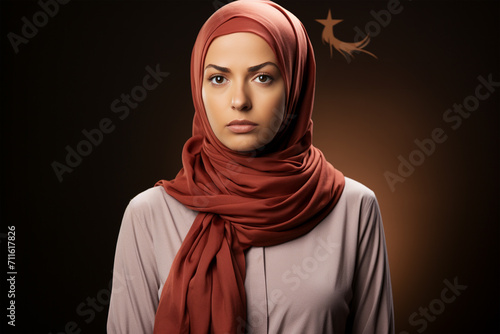 Obraz na płótnie Portrait of a musulman woman wearing hijab, isolated, with brown background and copy space. International women's day. w salonie