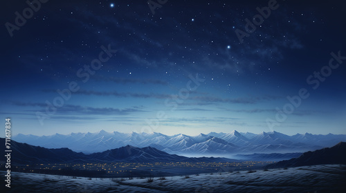 Starry Serenity Over a Moonless Sky with Winter Mountain Horizon Realistic Landscape in Soft Tonal Colors of Silver and Dark Blue Wallpaper Background © Misutra