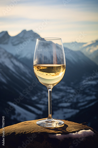 A glass of white wine, in the style of mountainous vistas, forced perspective, shaped canvas, wimmelbilder, travel, precision in details