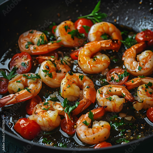 Shrimps with tails are sauteed with tomatoes, herbs and garlic in olive oil in a black frying pan, cooking a Mediterranean seafood meal, selected focus.