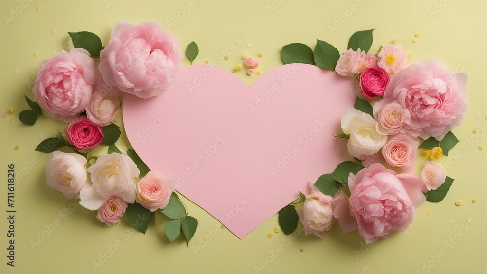 pink rose frame A pastel background with pink flowers and a paper heart. The background is yellow and green  