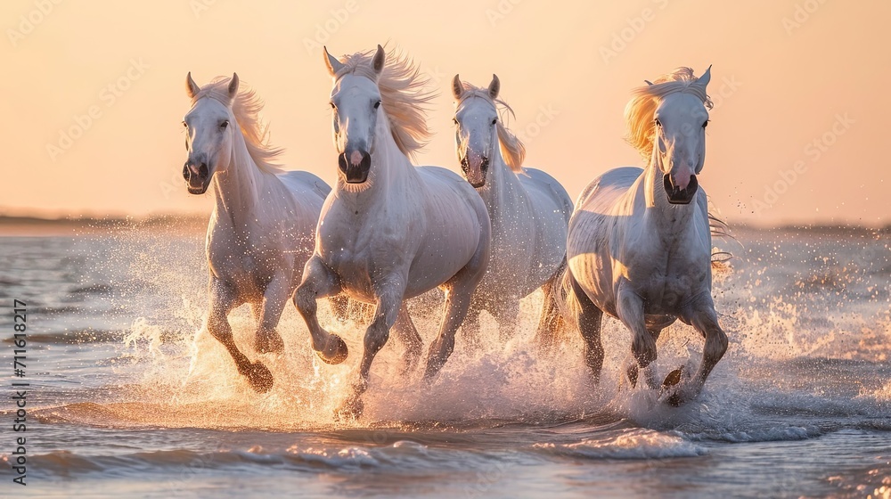 Group of White Horses Running