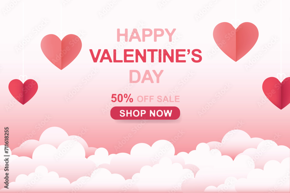 Valentine's Day concept pink background. Red and pink paper hearts. Cute 50% off banner or greeting card. Vector illustration eps 10