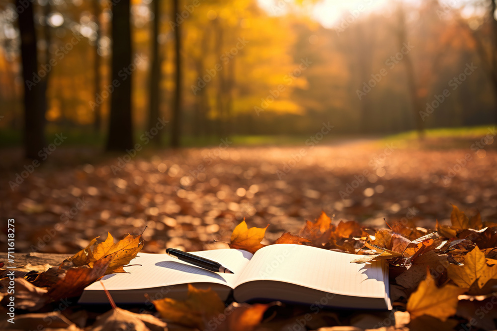 autumn leaves on the book. Generative Ai autumn leaves on the book. Generative Ai