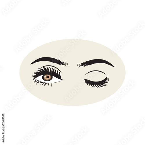 Female eyes icon with eye brows. Illustration of woman's sexy luxurious eye with perfectly shaped eyebrows and full lashes. Hand-drawn Idea for business visit card, typography vector.