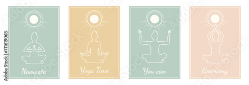 Female meditation lotus position. Human mental health. Set with yoga, meditation. Calm female characters in lotus. Relaxed women releasing stress and anxiety. Linear minimalist logo. Vector boho style