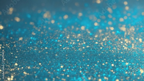 Abstract Cyan, Blue and Golden glitter lights Gold glitter dust texture dark background