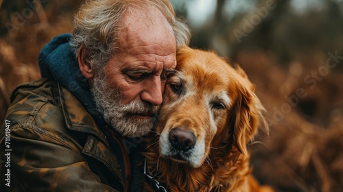 Man and golden retriever dog hug and share love with each othe