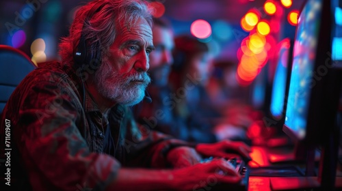 Senior male and female friends playing game on computers in gaming center