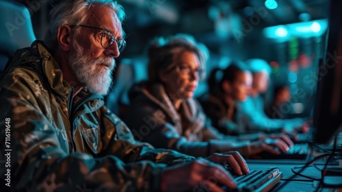 Senior male and female friends playing game on computers in gaming center