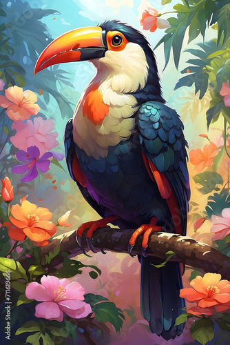 Toucan Bird in Flowering Tropical Forest