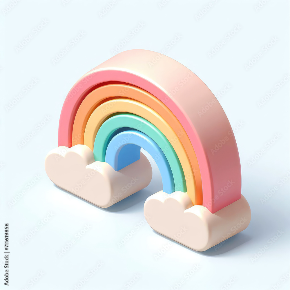 Fototapeta premium Rainbow Icon with Two Clouds. 3D Cartoon Clay Illustration on a light background.