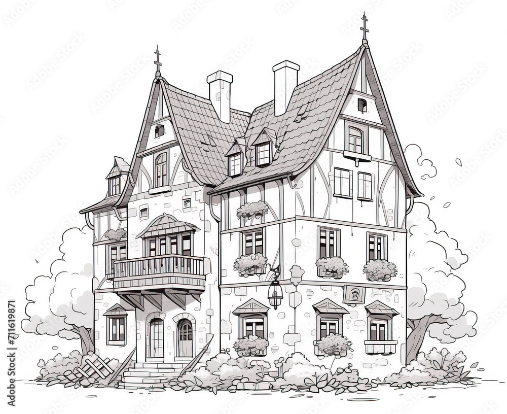 Black and white illustration for coloring house, building.