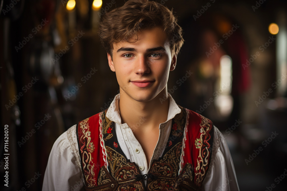 Fototapeta premium Generative AI picture photo of attractive nice ukrainian man in traditional embroidered national clothes