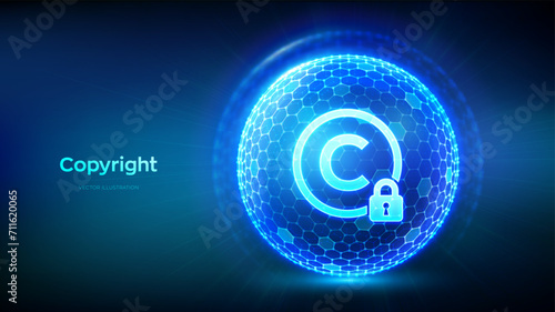 Copyright. Patents, Intellectual property protection law and rights. Abstract 3D sphere or globe with surface of hexagons with Copyright icon illustrates Protect business ideas. Vector illustration.
