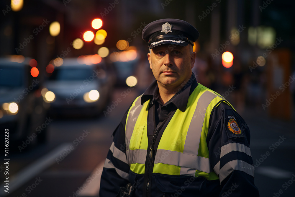 Young man woman working as police officer or cop closeup portrait blurred city background Generative AI Young man woman working as police officer or cop closeup portrait blurred city background Generative AI