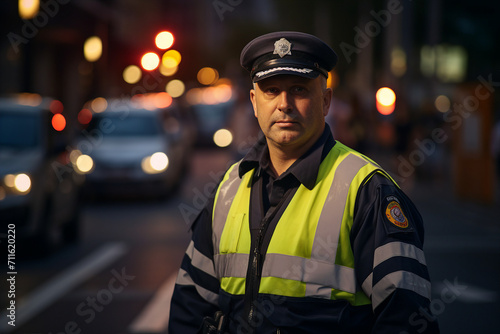 Young man woman working as police officer or cop closeup portrait blurred city background Generative AI photo