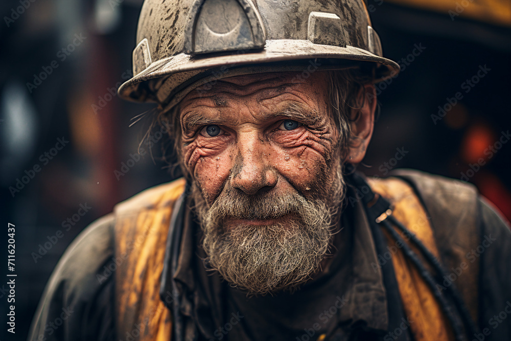 Generative AI image of man dressed in work overalls and a hard hat in mine Generative AI image of man dressed in work overalls and a hard hat in mine