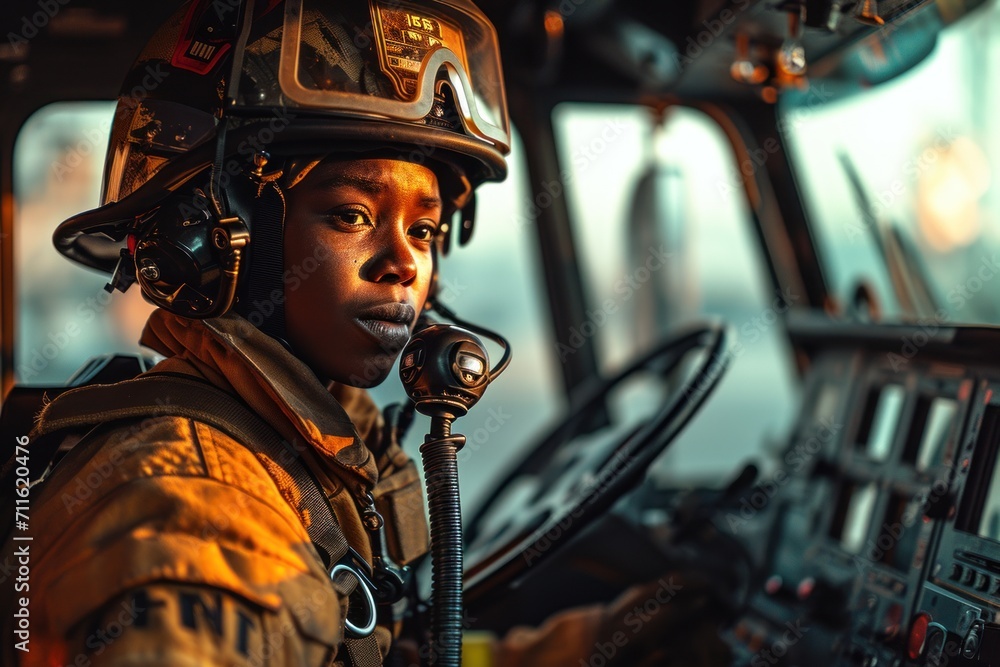 Side view of black female firefighter
